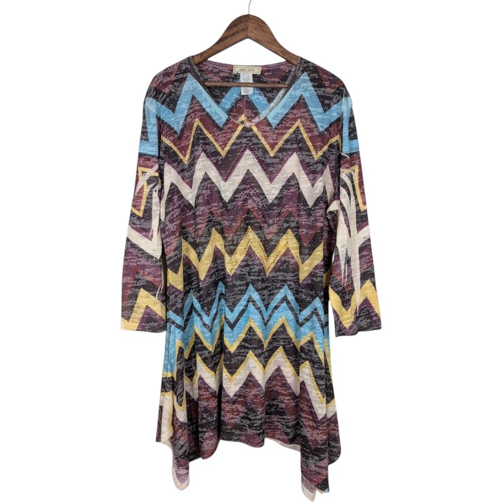 Jess & Jane Tunic Top XL Multicolor Zig Zag Print Embellished Rhinestone